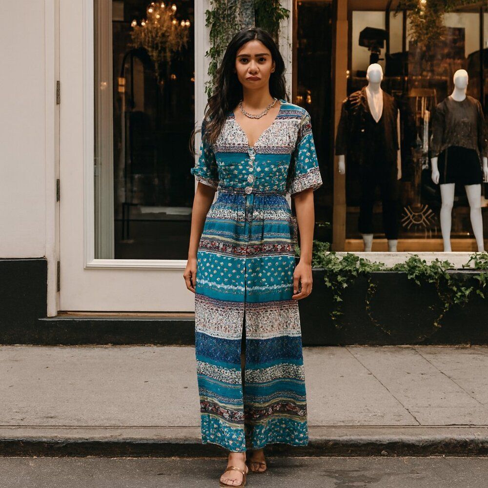 Teal Boho Floral Border Print Midi Shirt Dress Draw String Waist XL (Juniors)